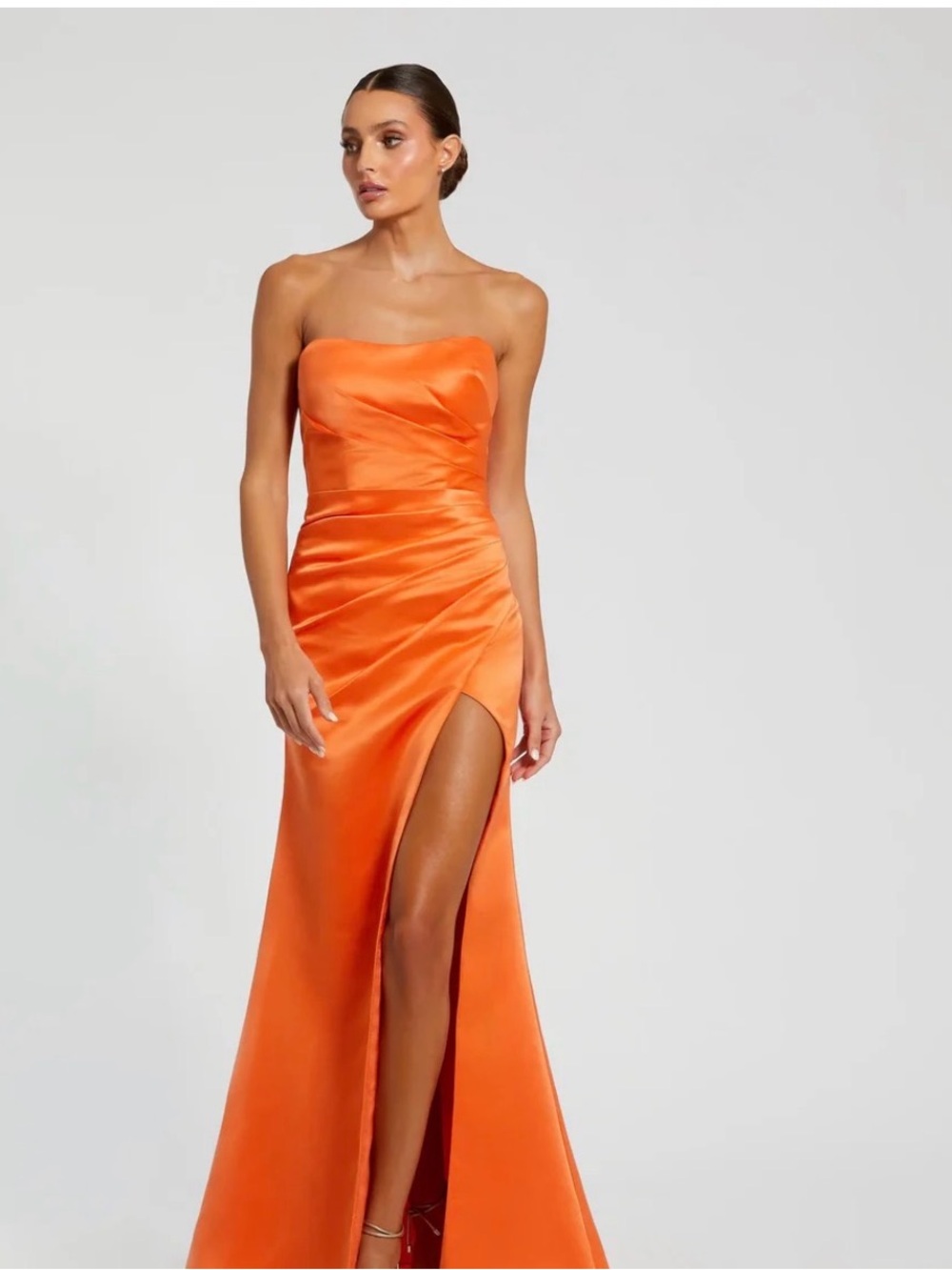 Mac Duggal Strapless Orange Satin Gown with High Slit